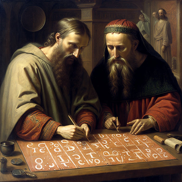 Кирил и Методий създават славянската азбука, версия на MidJourney